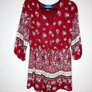 Blue Rain Burgundy Floral Romper